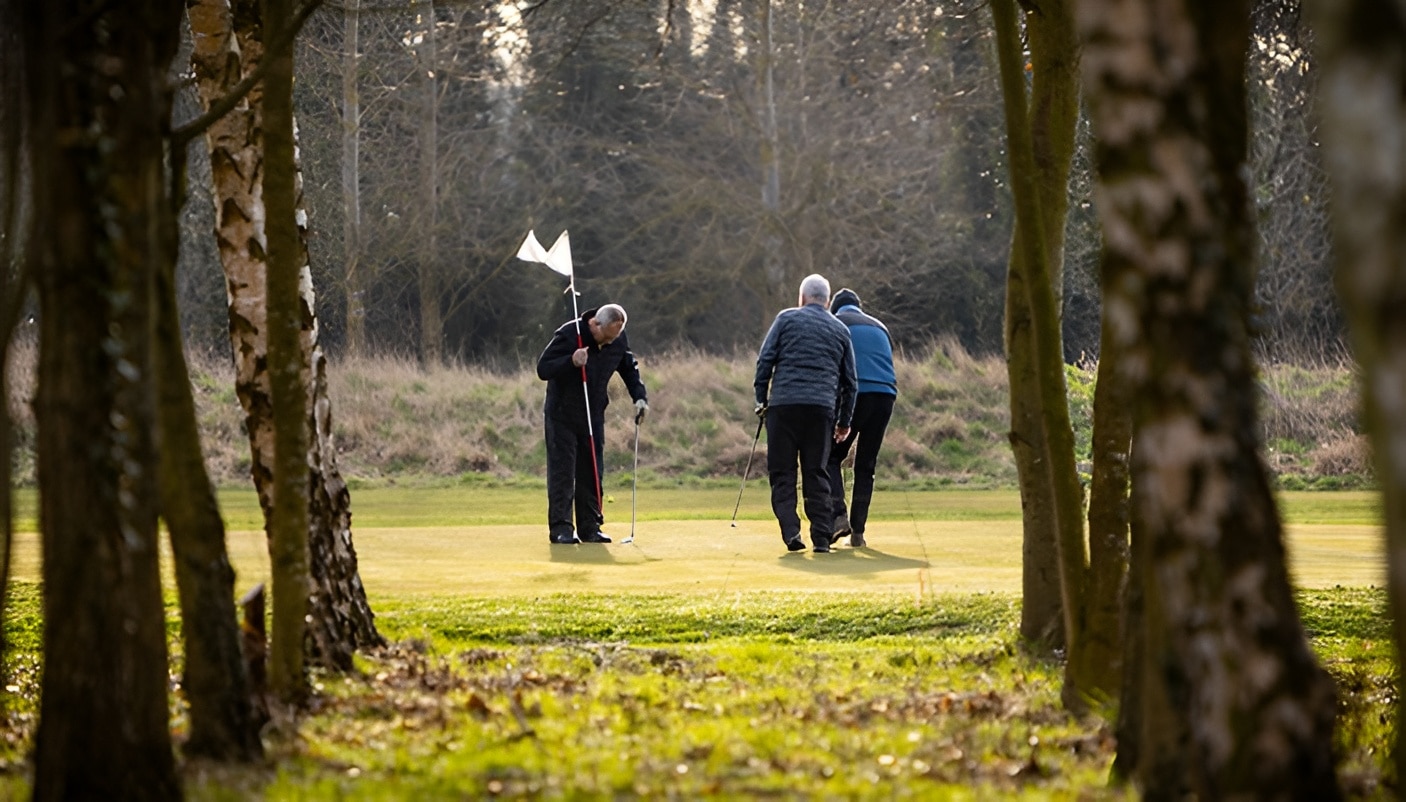 Three golfers on a green, surrounded by trees, near a flag